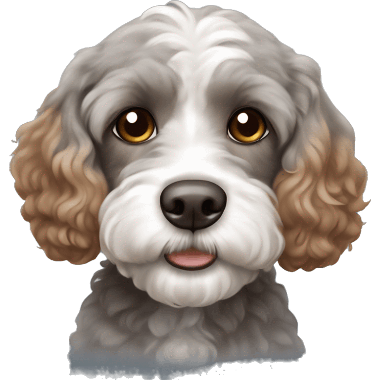 Grey and white cute cavapoo with brown eyes and brown hair around the nose emoji