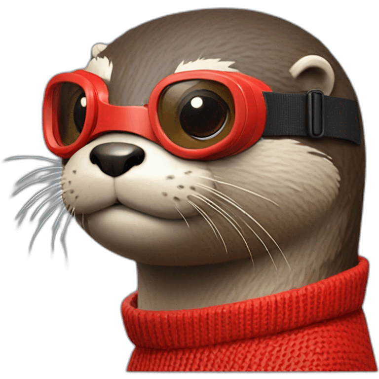 An otter weathering a red jumper with a pair of colour matching goggles. Side profile emoji