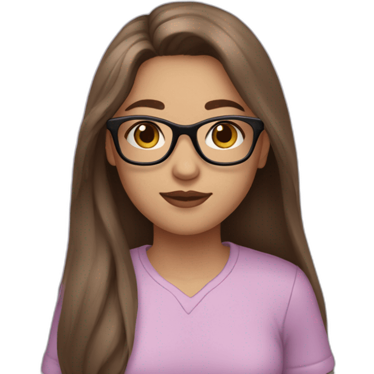 a teenager with brown  long hair black glasses feminine face big light pink lips purple shirt emoji