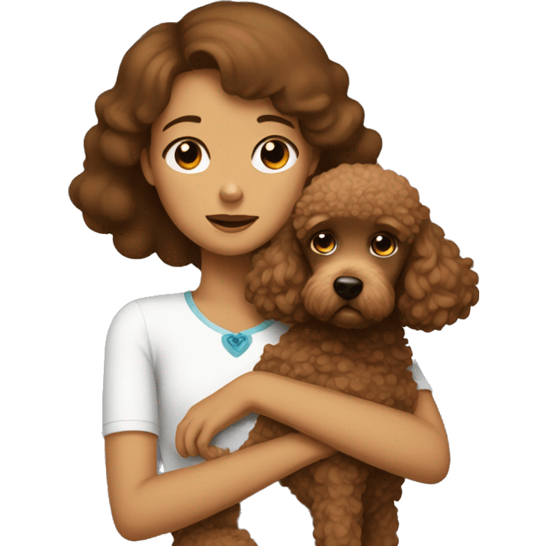 Girl with sad eyes hugs a brown poodle emoji