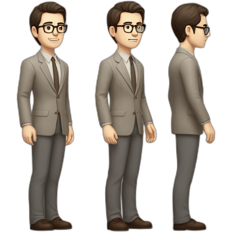 Full height Pale skinned Fit Man With dark brown hair in gray jacket, beige office shirt, tie, Brown pants and vintage glasses. Thrumbs of his palms directed up emoji