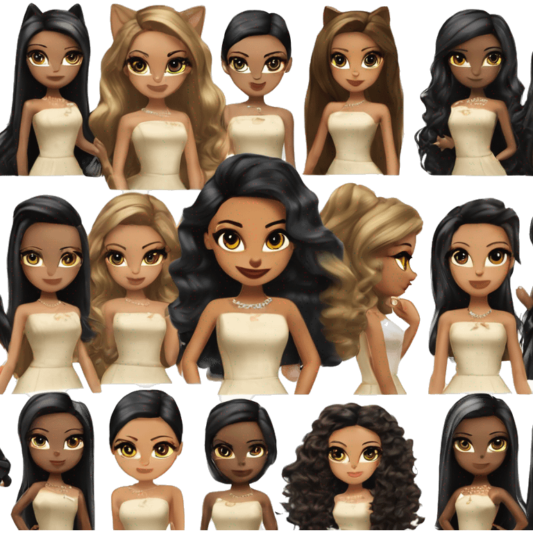 Bratz, club, cocktail dress, black hair, half up half down hair, olive skin, brown almond cat eyes emoji