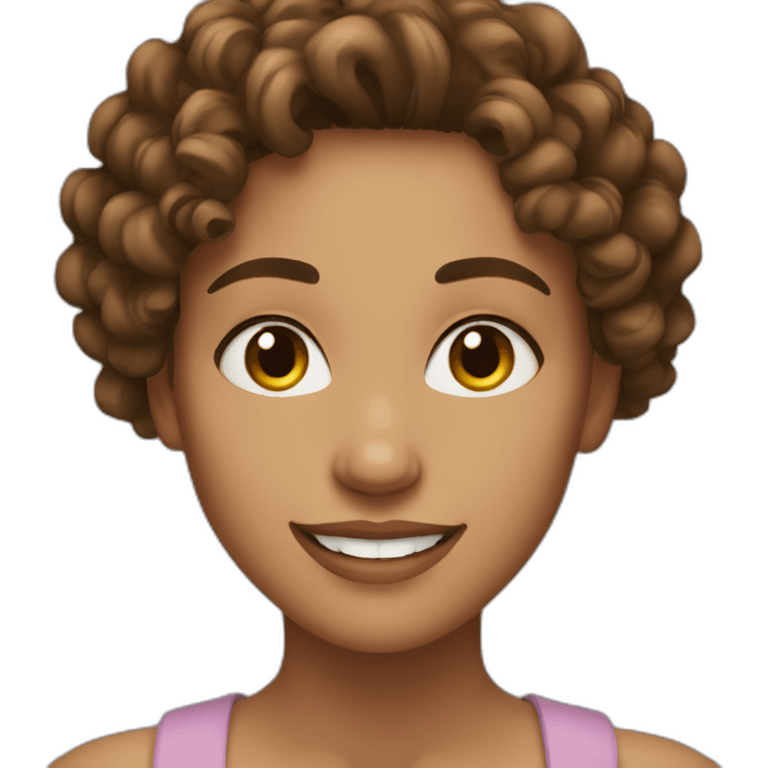 woman face, brown 2c curly medium length hair, light brown eyes, light skin, smiling emoji