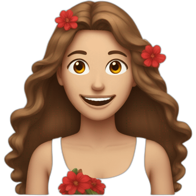 Woman with long brown hair and a red flowers in her hair laughing emoji