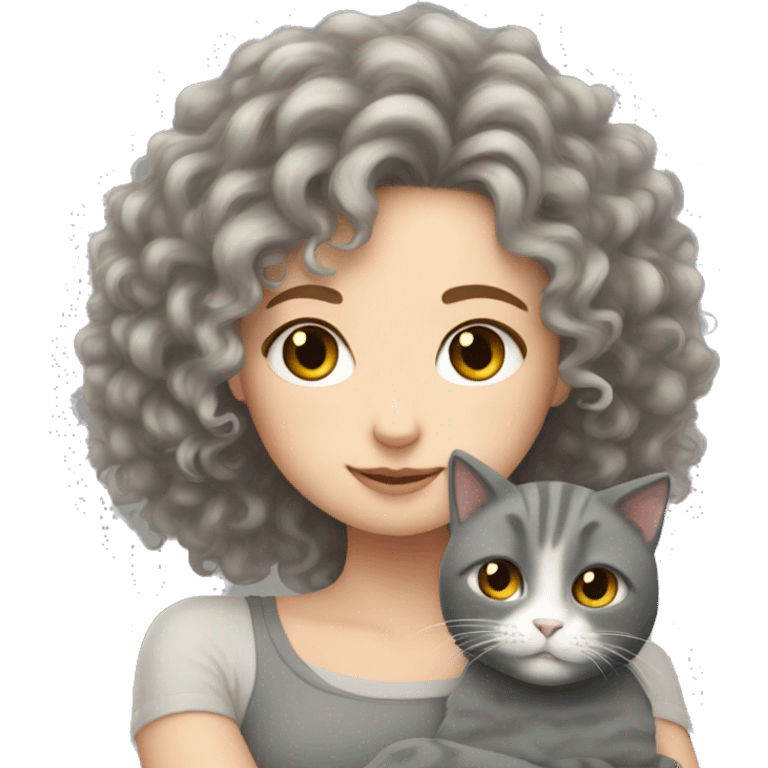 White Girl curly hair cuddling with grey cat emoji