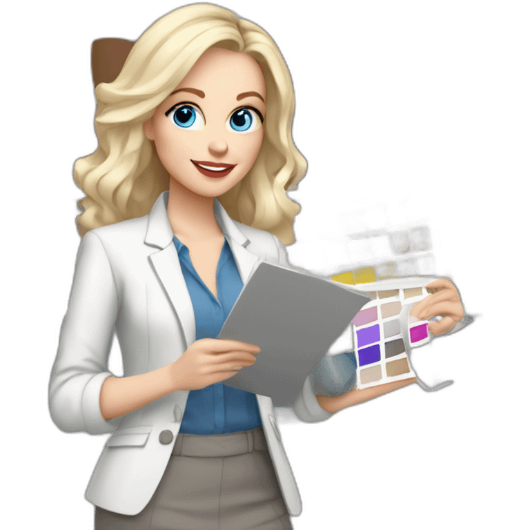 pale skin woman interior designer with cold blonde middle length hair, blue eyes, White blouse, Gray oversize jacket, Gray skirt holding a color palette in the hands emoji