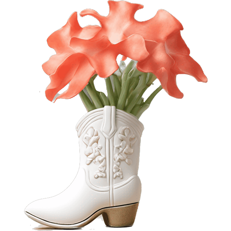 White cowgirl boot vase with coral sticking out of it emoji