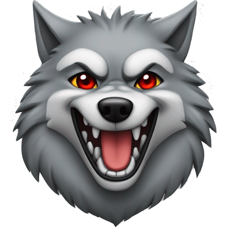 head of a badass wolf smiling at the camera. Gray fur red eyes emoji