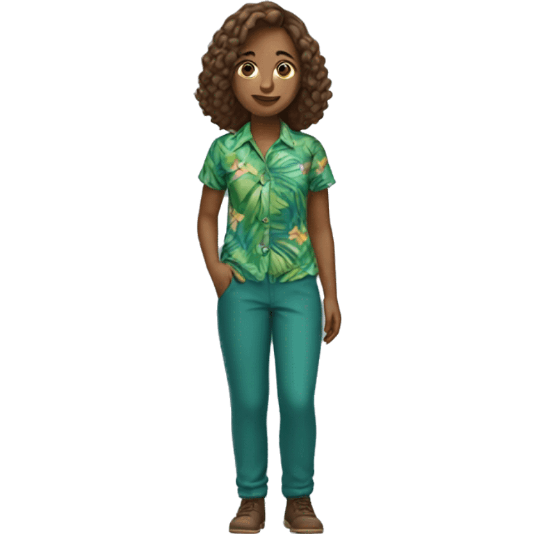 Girl with blue and green tropical shirt with brown pants emoji