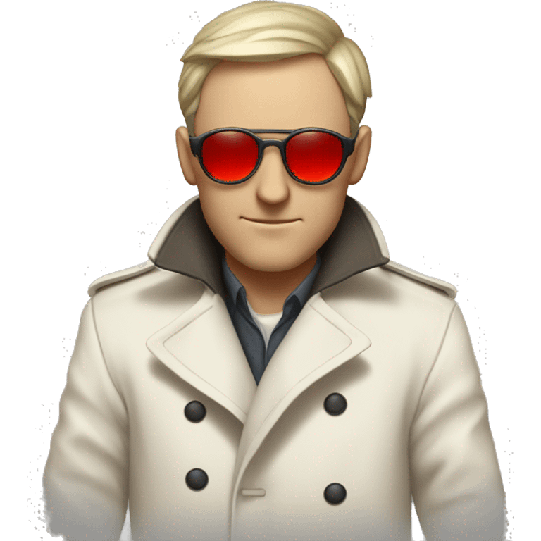 <excerpt>
A white man with real short hair, short mutton shops donning small red tinted sun glasses in a dirty white trench coat, is an alchemist.
</excerpt> emoji