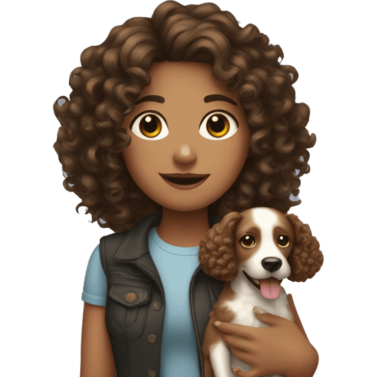 Curly brunette girl with a dog emoji