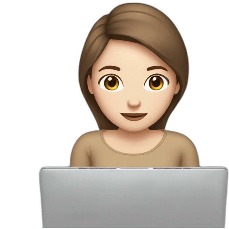 woman with pale skin and brown straight hair hiding behind a laptop with a infinity sticker on it emoji