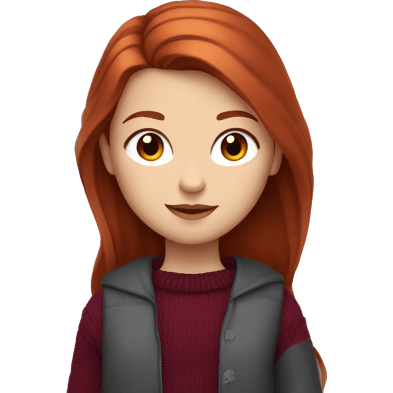 redhead girl with grey eyes with long hair and Dyson styling in a burgundy sweater and a rat on her shoulder emoji