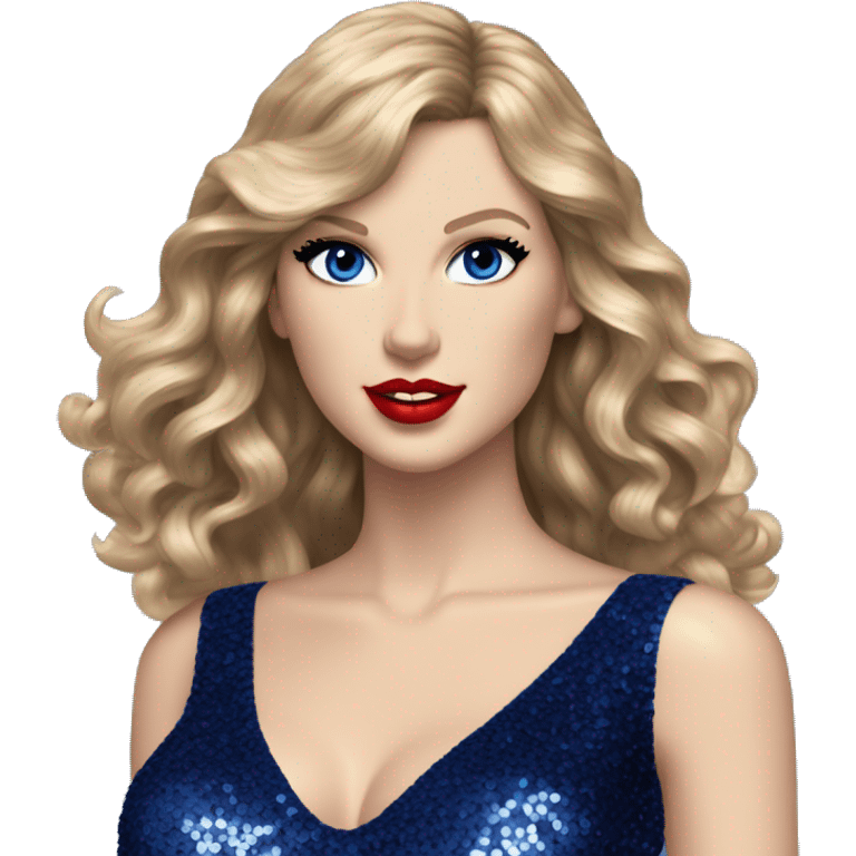 Realistic Taylor swift wearing navy blue glittery sequin bodysuit and dark blonde long hair with red lipstick and blue eyes  emoji