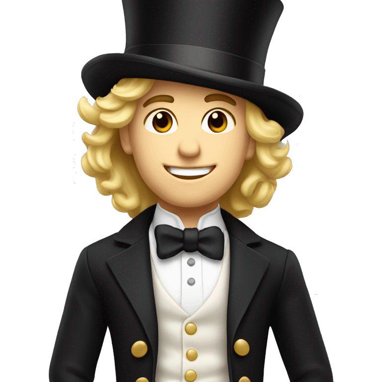 Young man with lively blond hair, colorful elegant in black with top hat emoji