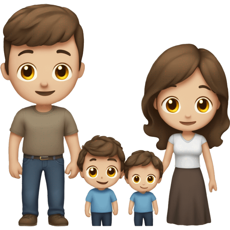 Dad with brown hair, mum with long dark brown hair, toddler son with brown hair and two newborn twin boys emoji