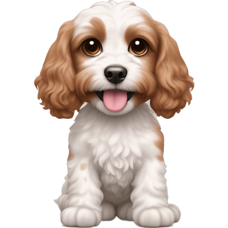 White cavapoo with brown ears and brown spots on back. Pink tummy. Cute and smiley emoji