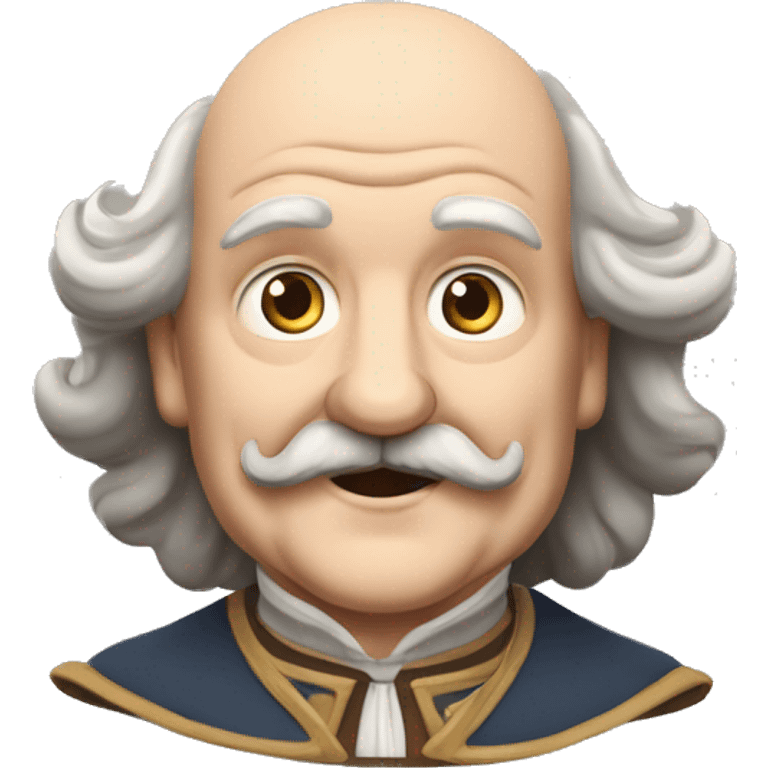 Short pudgy old man over enthusiastic happy excited face bald forehead long wavy gray and brown brunette long wavy hair moustache Shakespearean dress vintage clothes hamlet small arms emoji