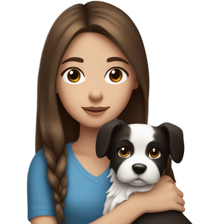 long brown hair girl with blue eyes cuddling a cute black and white dog emoji