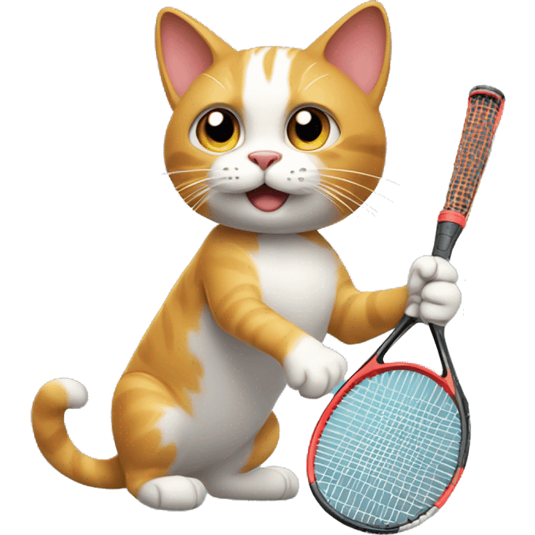 A cat playing tennis, racket in paws, with a focused expression emoji