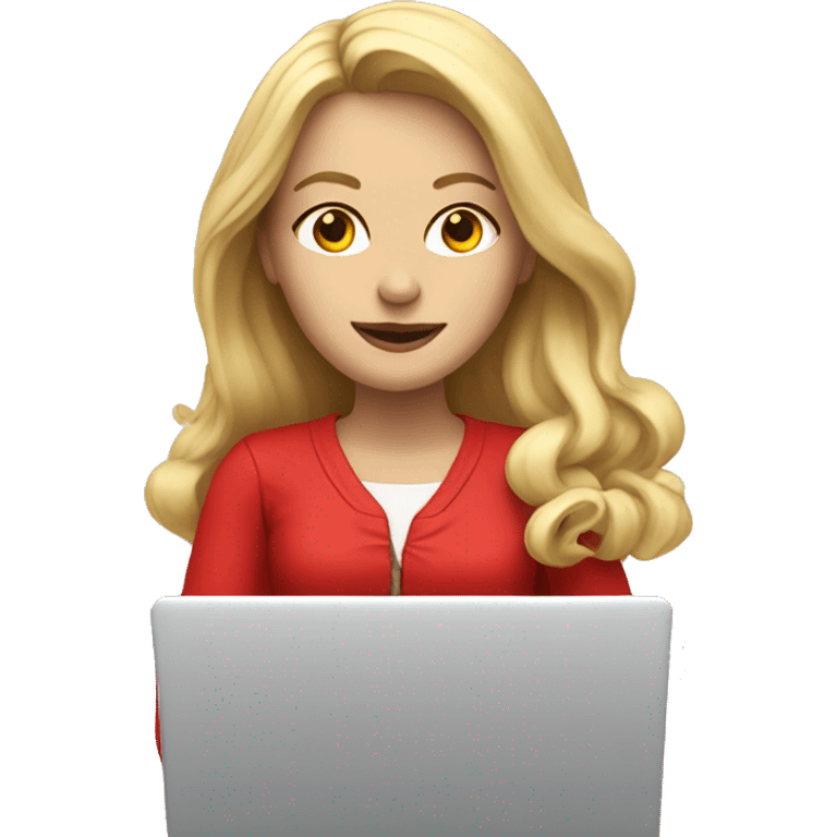 Long blonde hair woman in red writing on laptop emoji