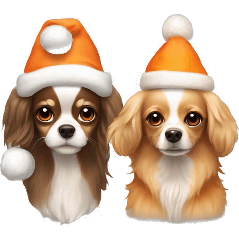 2 firiend dogs, chihuahua with long hair, with beige color fur and orange lights. And cocer spaniel with orange fur. They are in christmas hats emoji