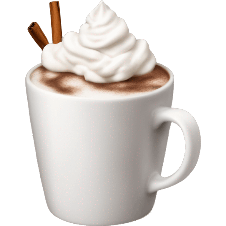 white mug of hot chocolate with whipped cream and cinnamon emoji