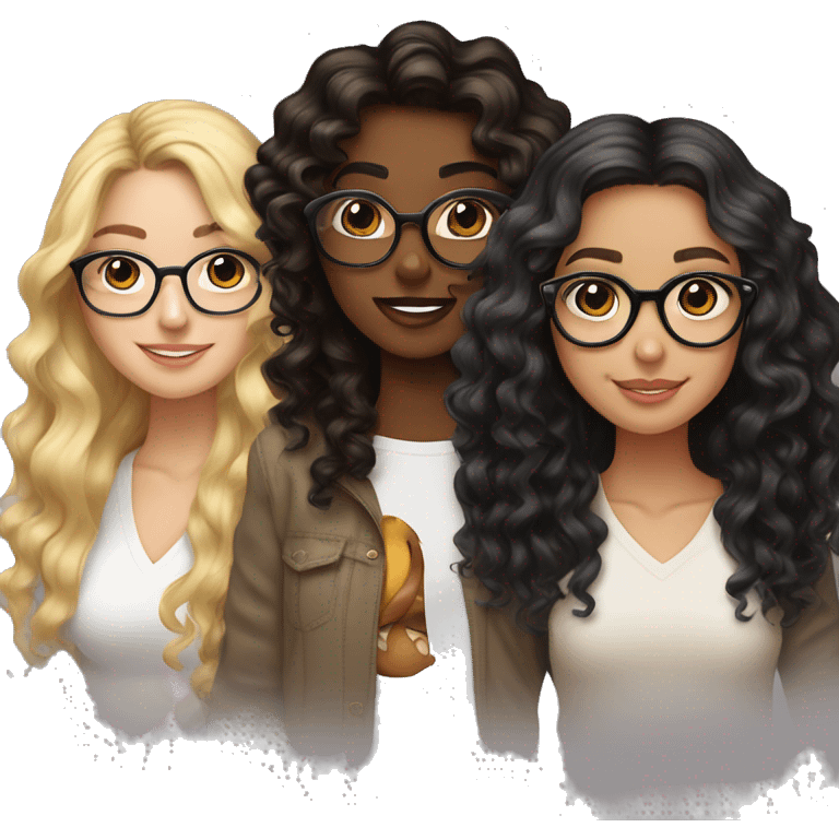 Three best friends, one curly black wavy hair with glasses, another one medium long brown hair with glasses, the other one balayage blonde  emoji