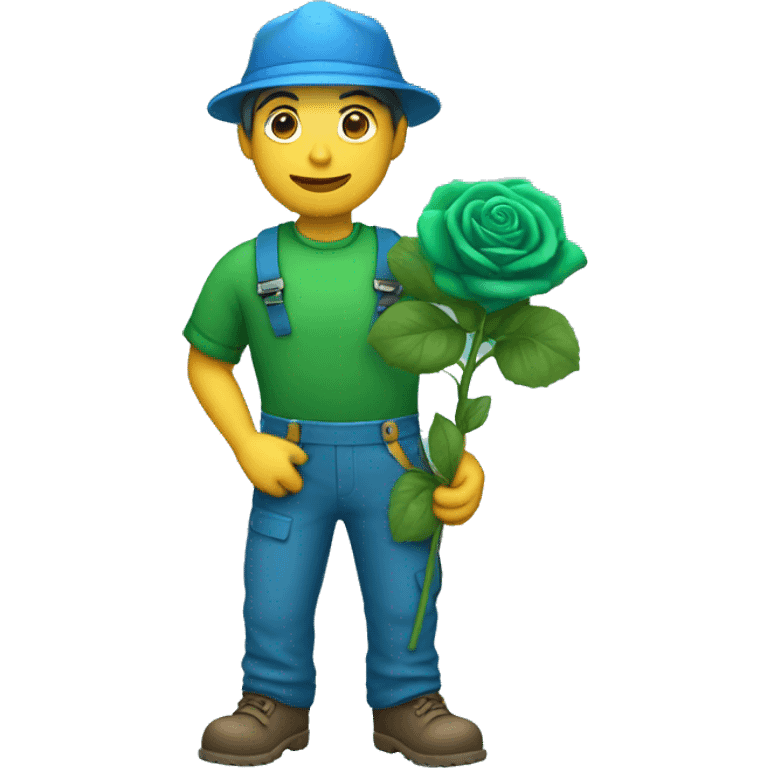 gardener with green clothes holds blue rose emoji