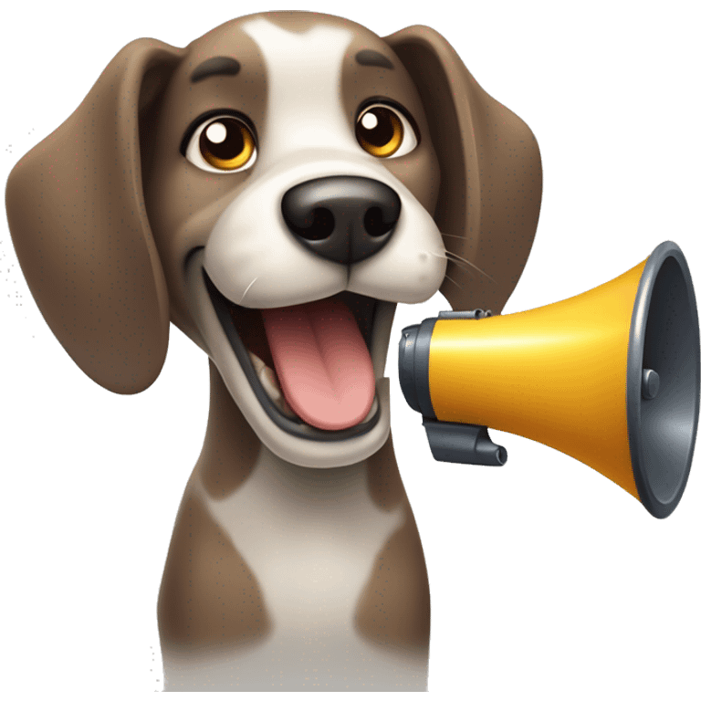 A friendly, cartoon-styled face of a dog, looking straight ahead. Megaphone emoji