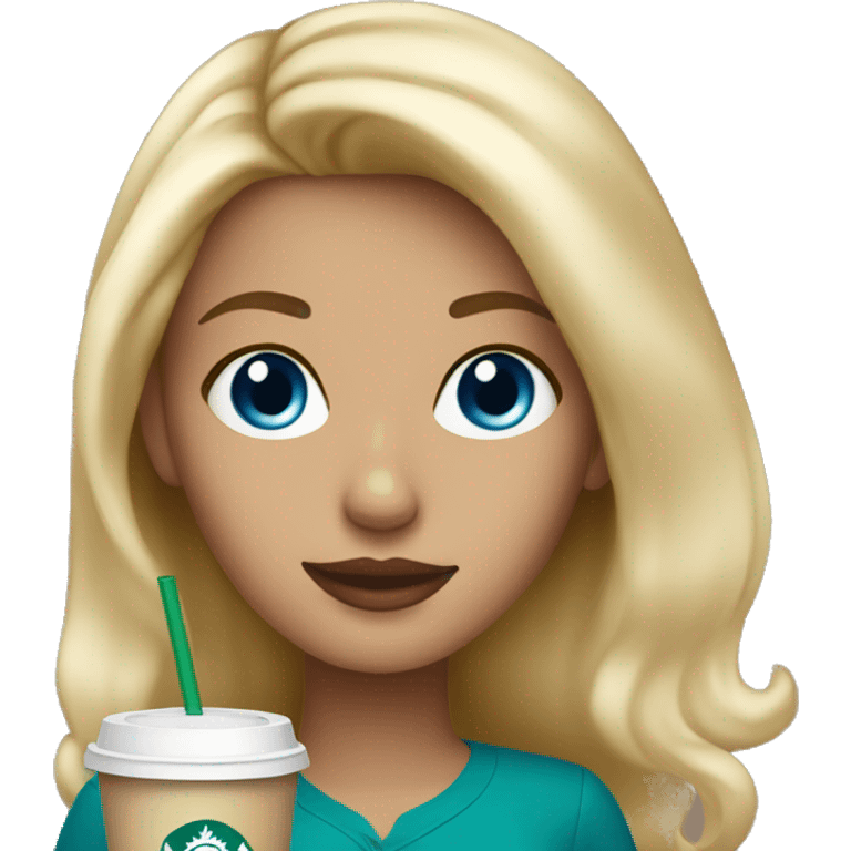 blonde girl blue eyes with Starbucks cup drink emoji