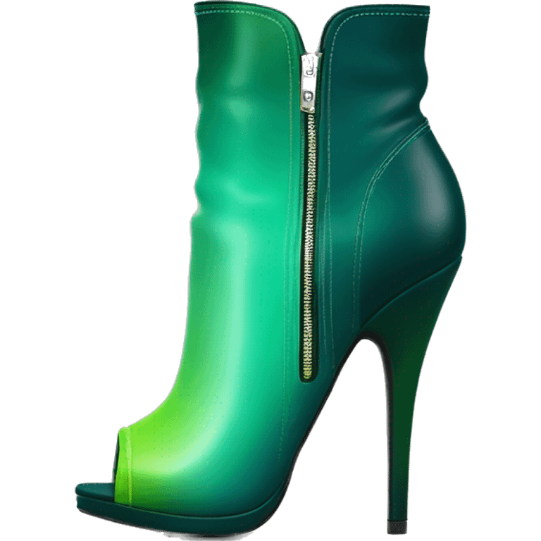 Realistic isolated top front view of a pair of dark teal,lime green,mint green and emerald green ombre high heel peep toe ankle bootie boots. emoji