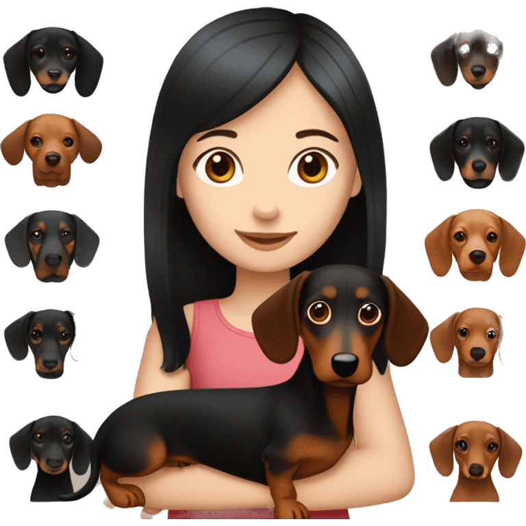 White girl with straight black hair holding a red dachshund and browndachshund  emoji