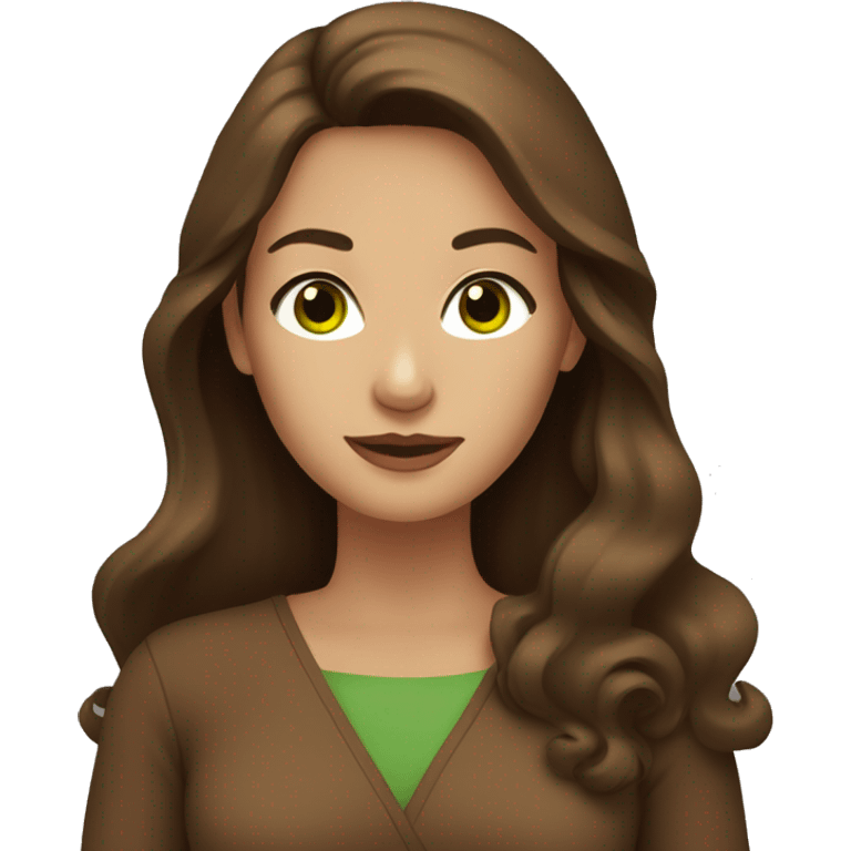 Woman with green eyes, brown long hair, dressed in brown long-sleeved dress emoji