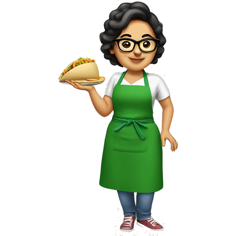 mexican chubby lady green apron  with glasses cooking tacos emoji