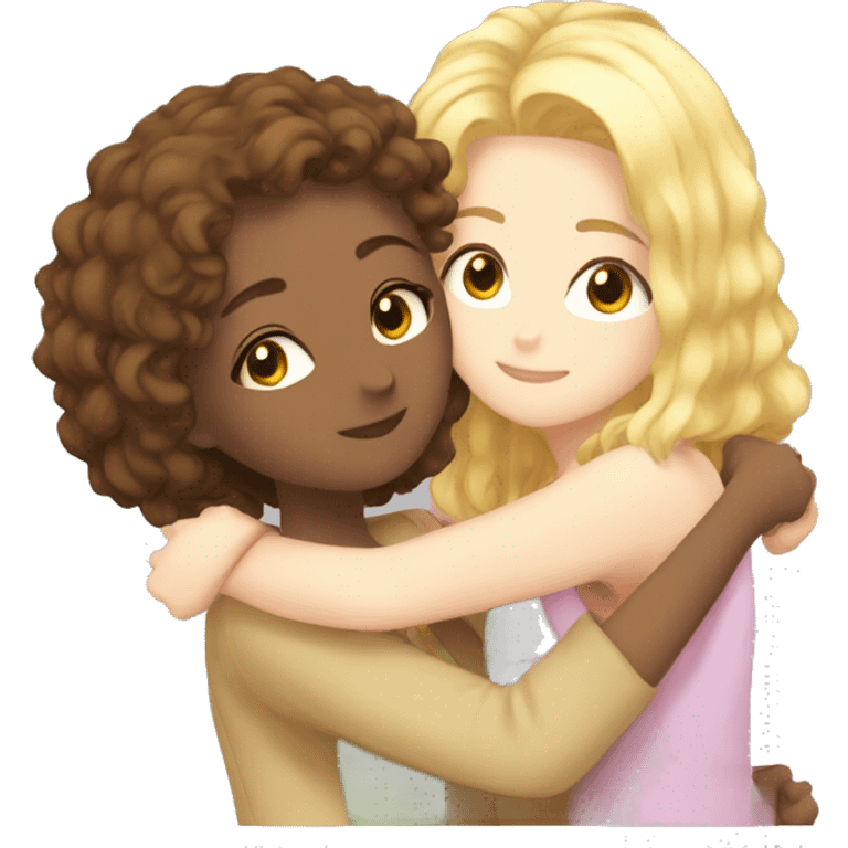 One girl withe brown curly hair and another girl with straight blonde hair hugging each other anime  emoji