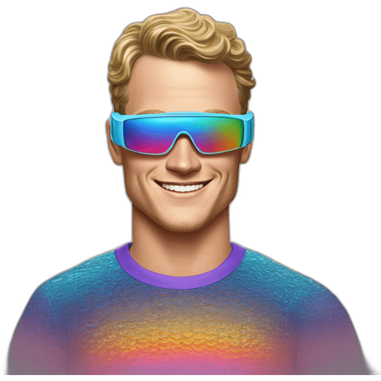 Fancy disco futuristic Jonathan Toews wearing rainbow lace shirt and wearing VR glasses and eating a moon pie emoji