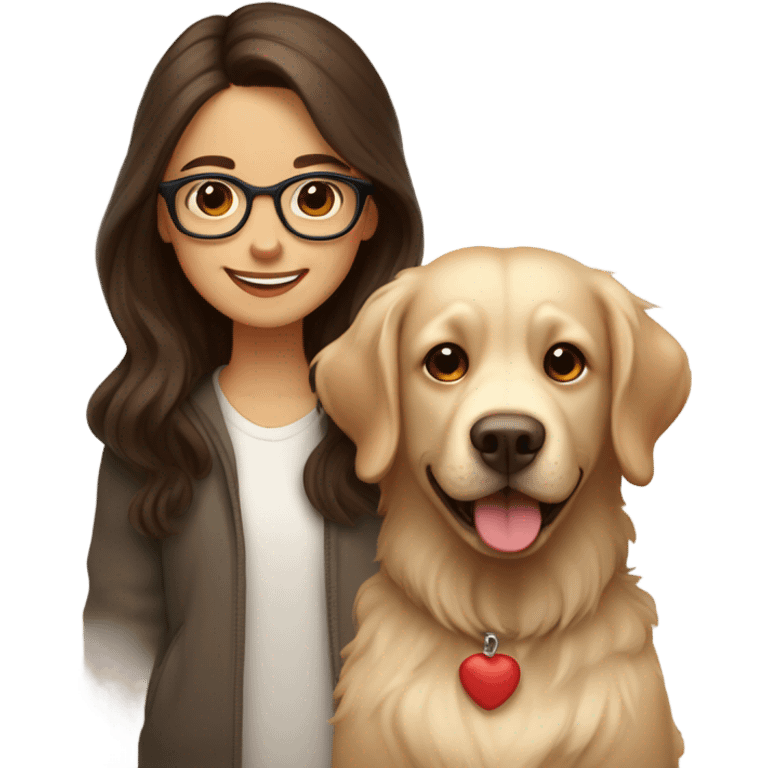 Smiling girl with long dark wavy brown hair and red glasses next to a small shaggy beige Labrador dog emoji