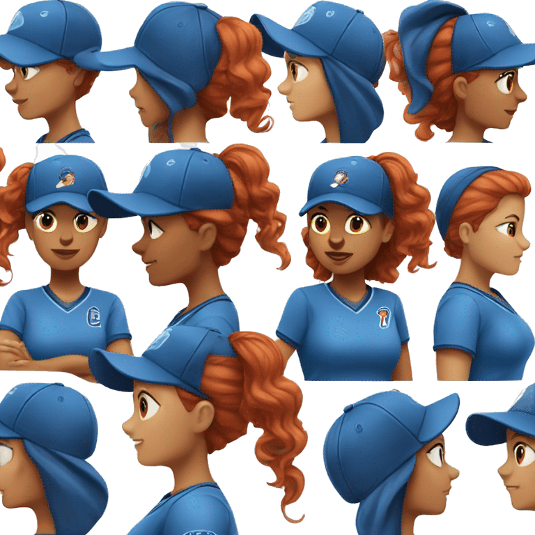 female coach with red hair in blue shirt and with a blue baseball hat emoji