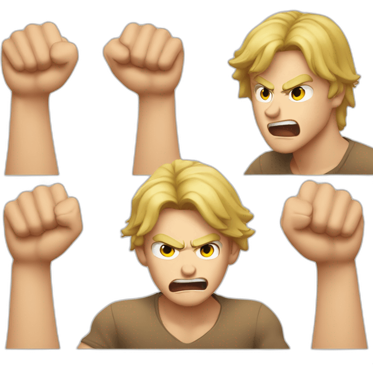 light haired angry young man in dark t-shirt with both fists clenched over his head emoji