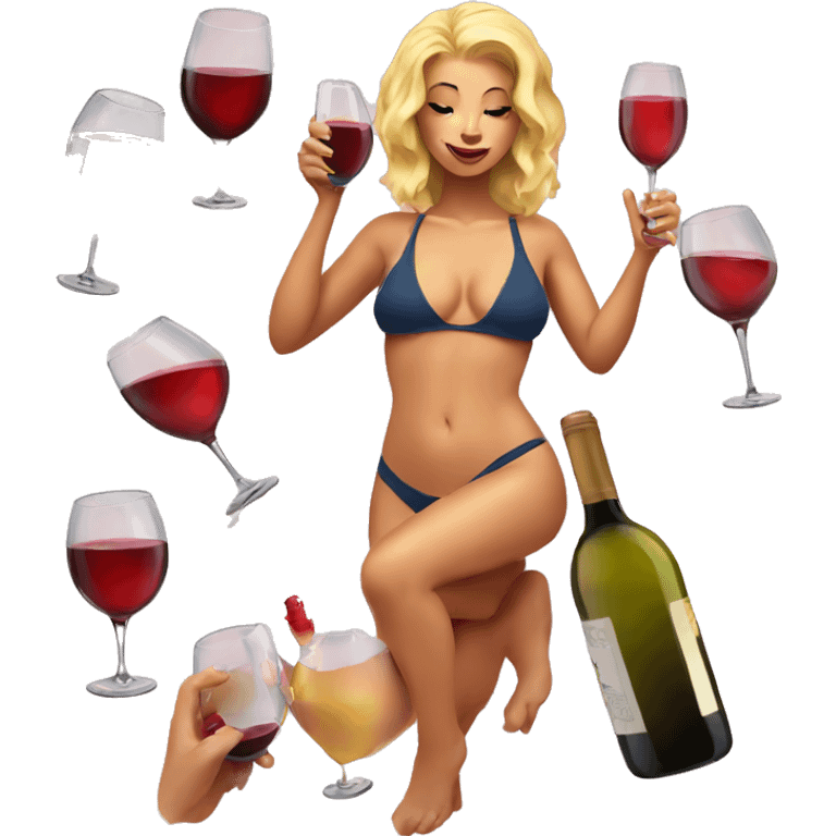 blonde women in swimsuit tattoos on her body everywhere drinking wine emoji