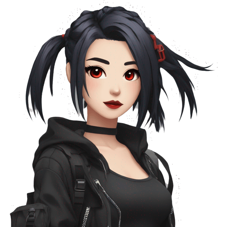 Gorgeous techwear anime style lady with blushing face aesthetic and pretty edgy black red punk hair with hair garment trending style emoji