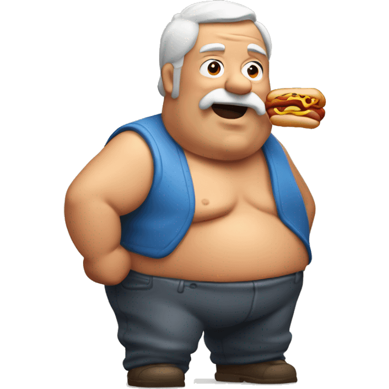 Shirtless Fat old man holding a hotdog with relish emoji