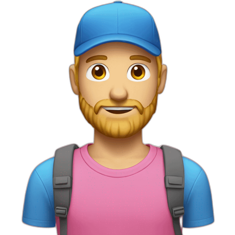 a guy in a pink shirt, blond, with a short beard in a blue cap, emoji