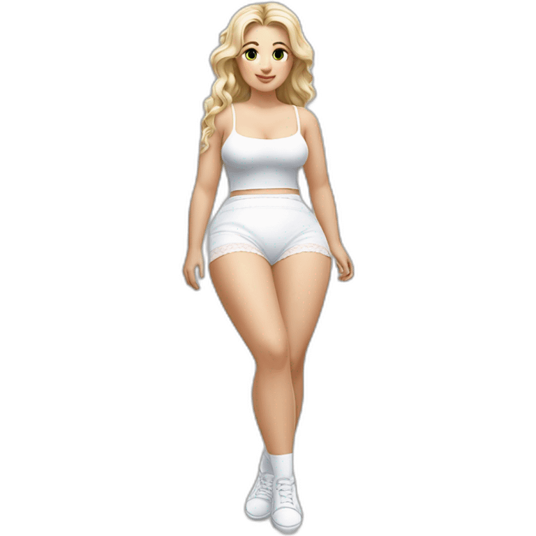 hyperrealistic-full-body-caucasian-curvy-beauty-sitting on the ground-small white-skirt-white knickers white socks emoji