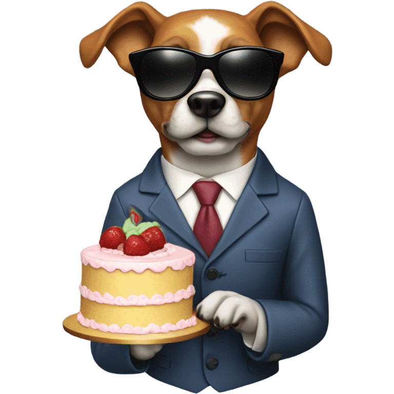 A dog holding a cake with a suit and sunglasses  emoji