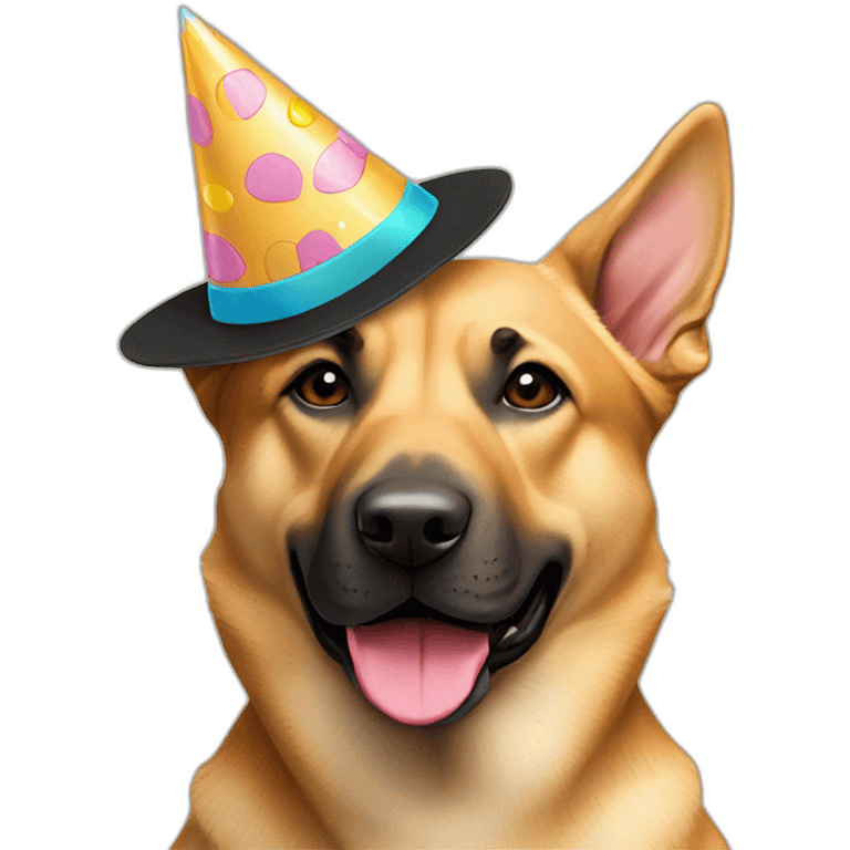 German shepherd tan Pitt bull mixed dog wearing birthday hat emoji