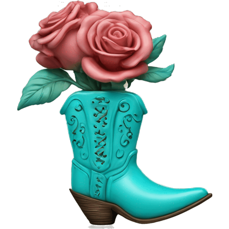 Turquoise cowgirl boot vase with rose sticking out of it emoji