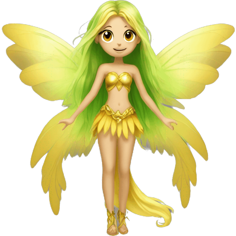 Beautiful, fairy, gold, yellow, green, long hair, big wings emoji