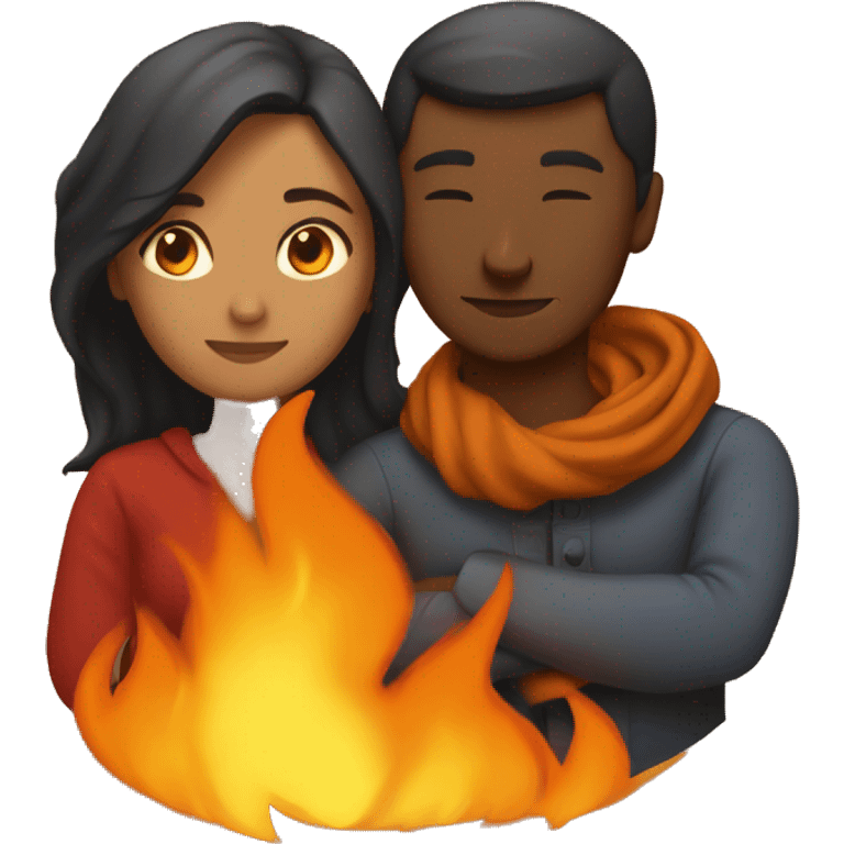 man and woman cuddle by fire emoji